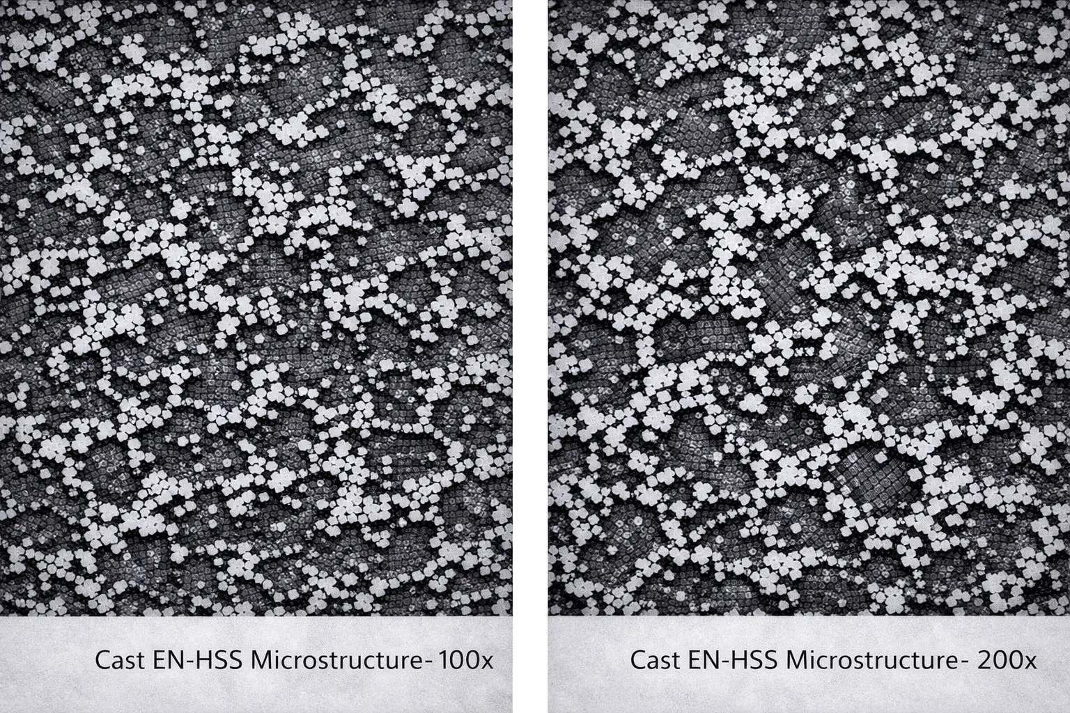 Cast EN-HSS (Enhanced High Speed Steel) rolling mill roll microstructure showing tempered martensitic matrix with high density of alloy carbides at 100x and 200x magnification