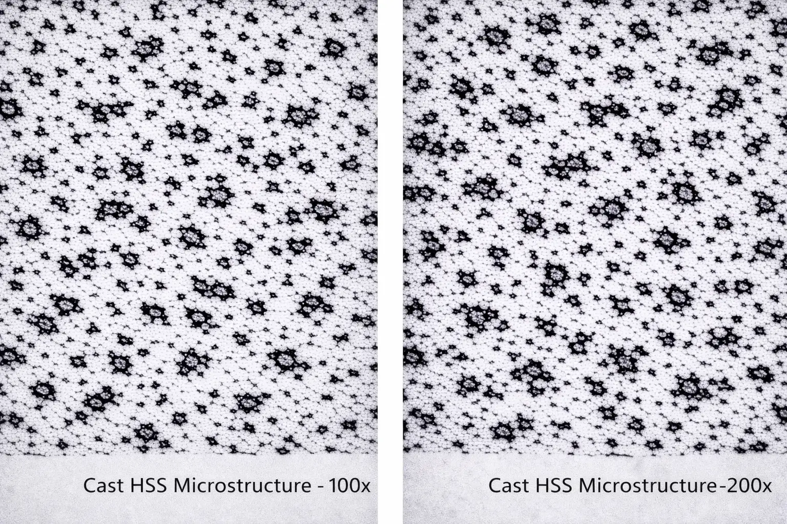 Cast HSS (High Speed Steel) rolling mill roll microstructure showing tempered martensitic matrix with uniformly distributed alloy carbides at 100x and 200x magnification