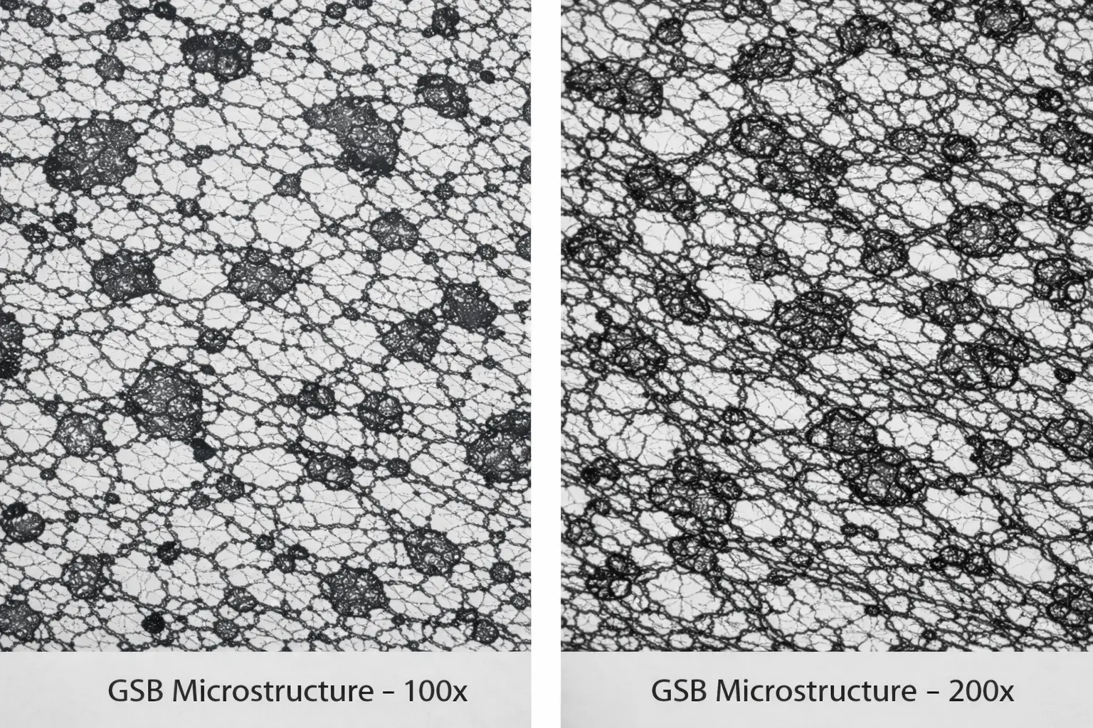 GSB graphitic steel based rolling mill roll microstructure showing graphite particles in steel matrix at 100x and 200x magnification