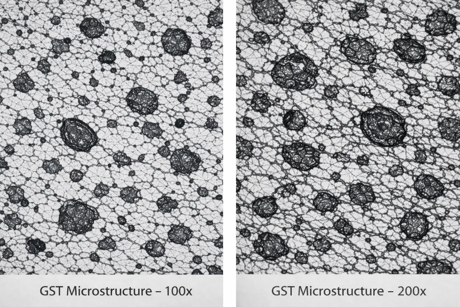 GST graphitic steel rolling mill roll microstructure showing graphite particles in graphitic steel matrix at 100x and 200x magnification