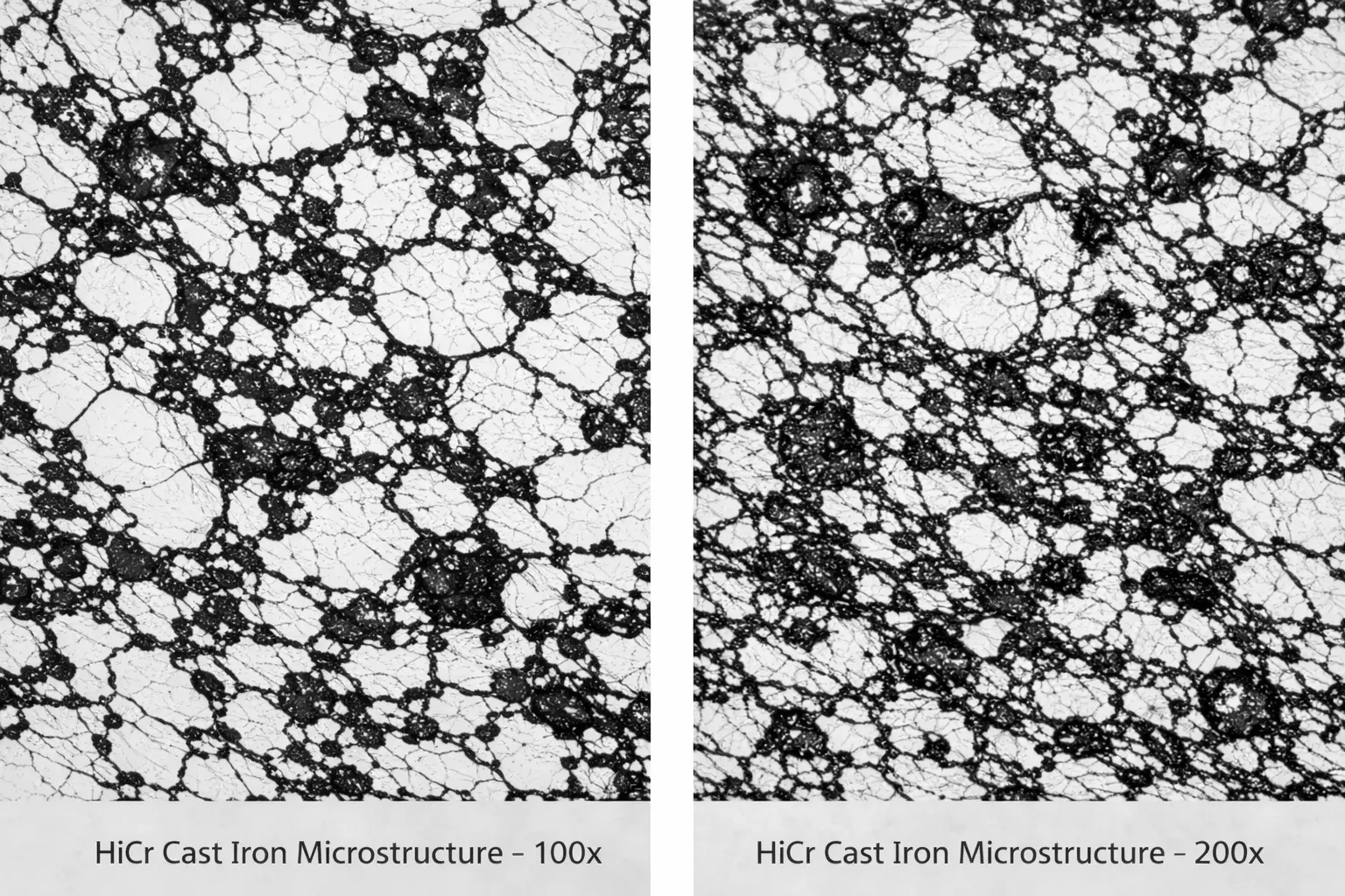 High chromium cast iron (HiCr cast iron) rolling mill roll microstructure showing chromium carbide network and matrix structure at 100x and 200x magnification