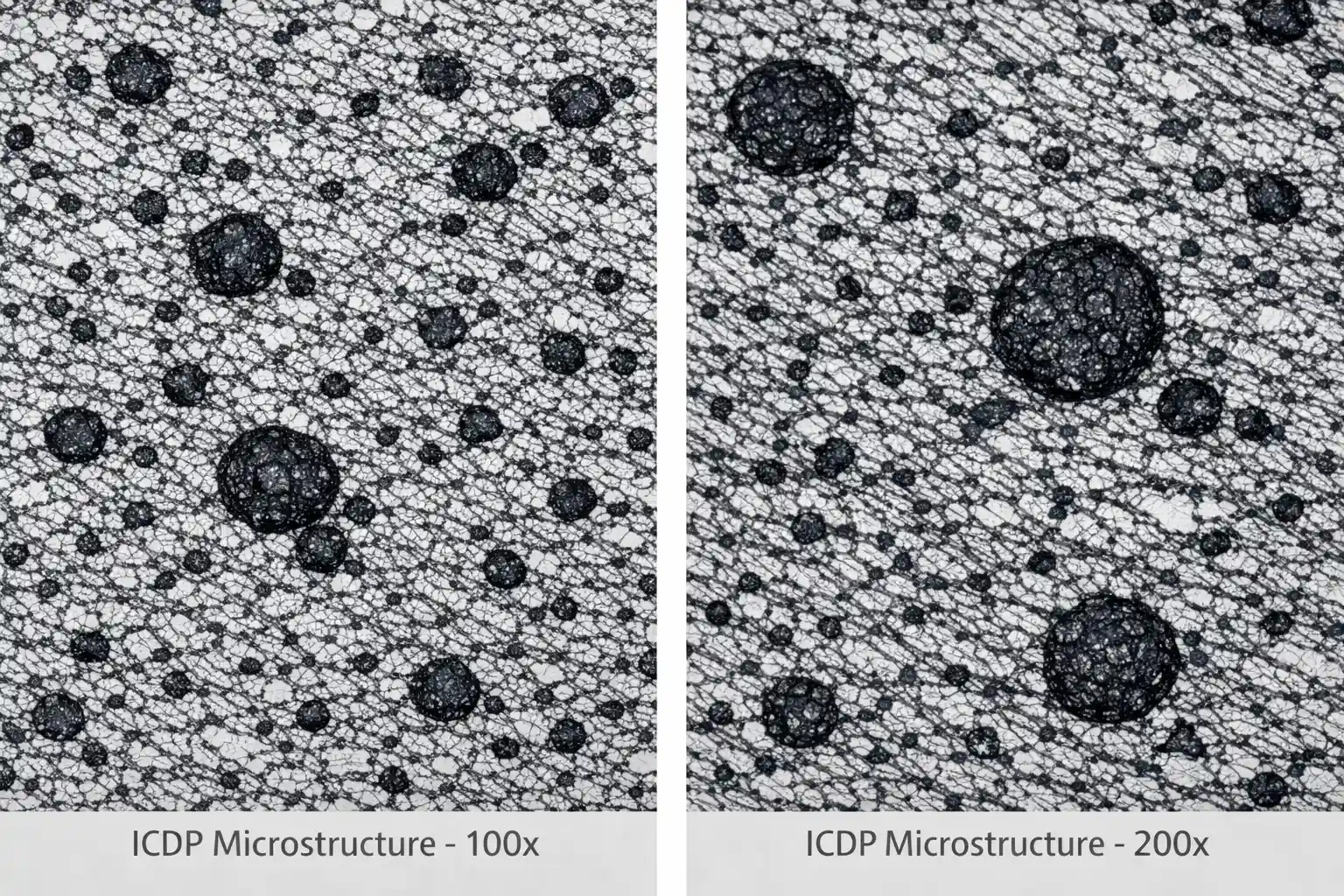 Indefinite Chill Cast Iron (ICDP) roll microstructure showing graphite and carbides in pearlitic–bainitic matrix at 100x and 200x magnification