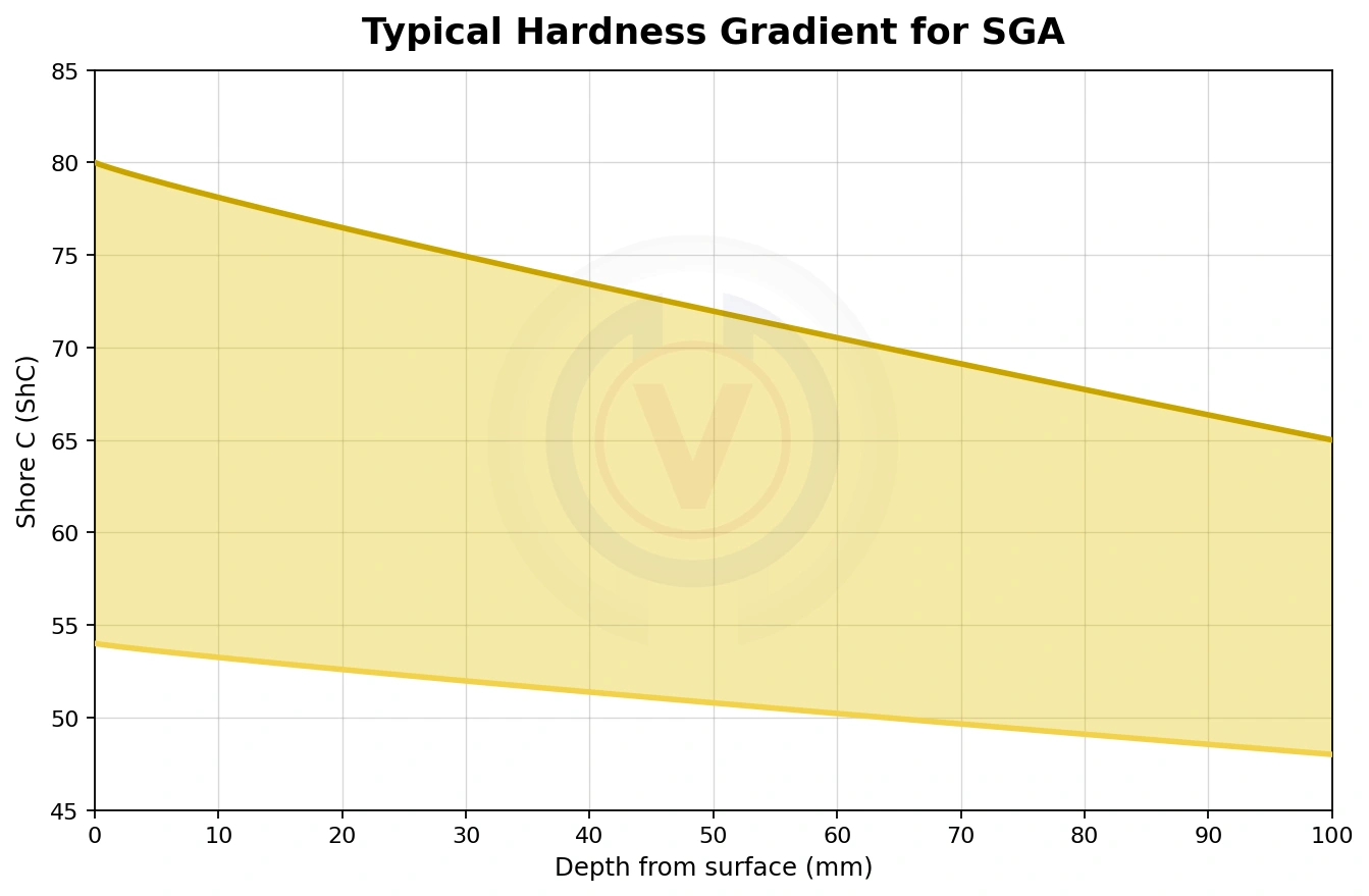 Typical hardness gradient for SG Acicular Chill Nodular Iron (SGA) rolling mill roll showing Shore C hardness versus depth from surface