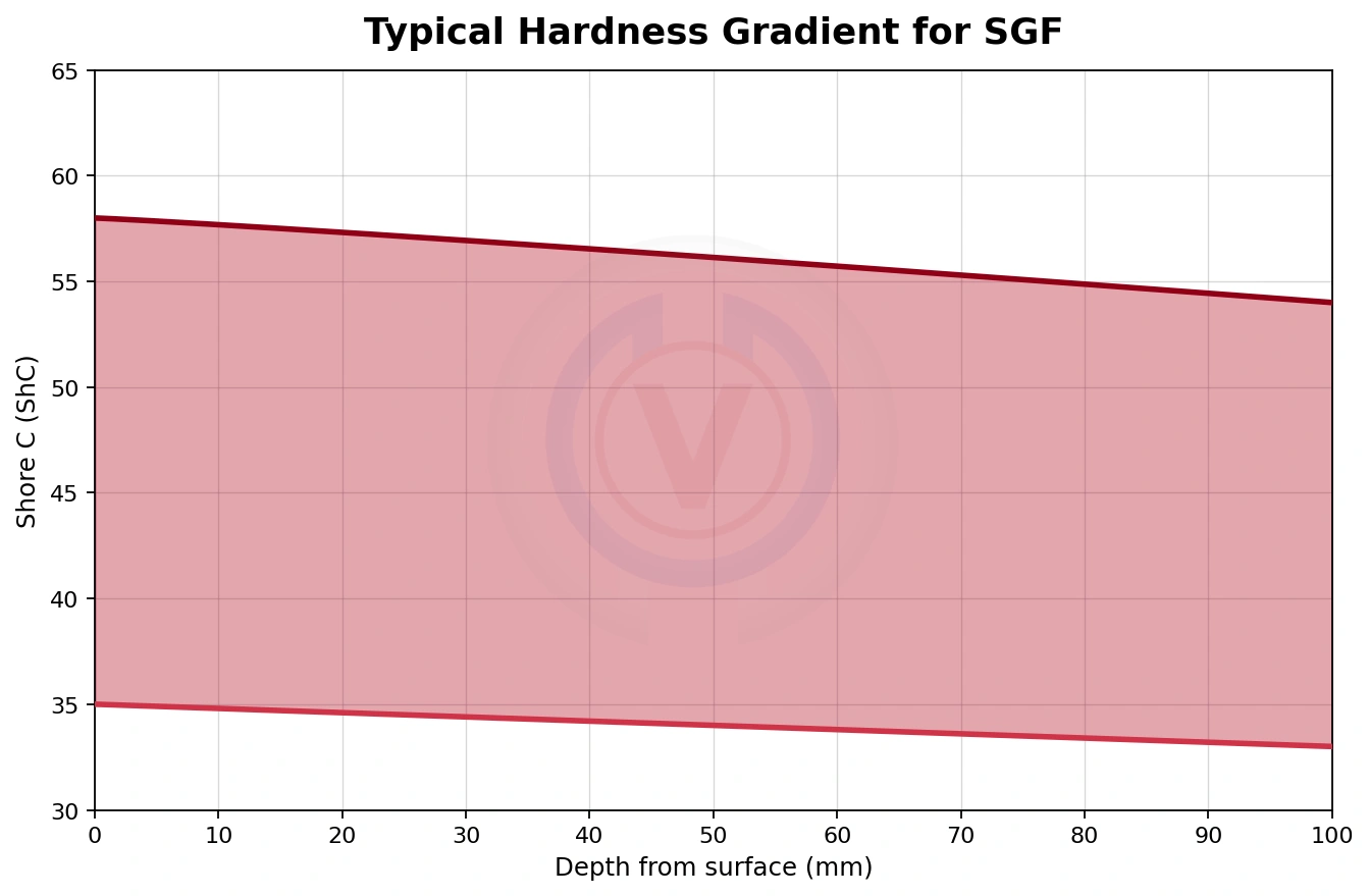 Typical hardness gradient for SG Ferritic Nodular Iron (SGF) rolling mill roll showing Shore C hardness versus depth from surface
