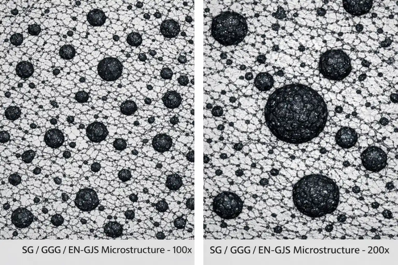 Spheroidal Graphite Iron (SG / GGG / EN-GJS) roll core microstructure showing nodular graphite in pearlitic-ferritic matrix at 100x and 200x magnification