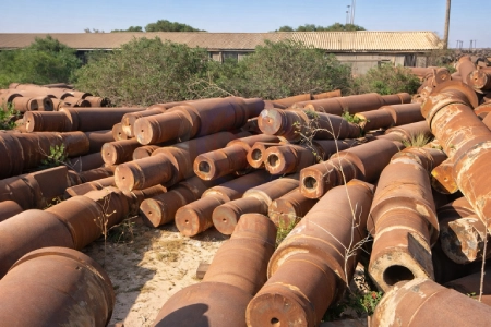 rolling mill scrap yard with large quantity of discarded rolling mill rolls