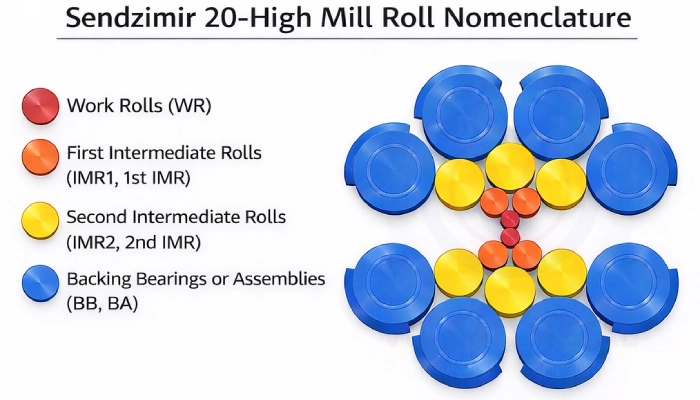 Sendzimir 20-High mill roll nomenclature diagram showing work rolls, first intermediate rolls, second intermediate rolls, and backup bearings assemblies in a color-coded roll arrangement.