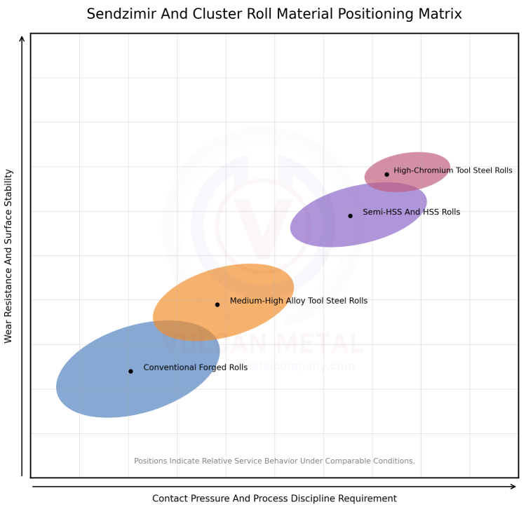 Sendzimir and Cluster roll material positioning matrix comparing conventional forged rolls, medium-high alloy tool steel rolls, Semi-HSS and HSS rolls, and high-chromium tool steel rolls by wear resistance, surface stability, contact pressure, and process discipline requirement.