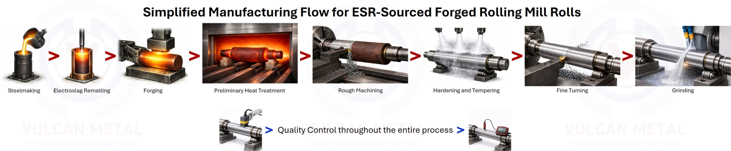 Simplified manufacturing flow for ESR-sourced forged rolling mill rolls showing steelmaking, electroslag remelting, forging, heat treatment, machining, hardening, and grinding stages